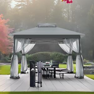 Auraway Outdoor Pop-Up Gazebo with Insect Screen & Dual-Layer Weatherproof Roof – Lightweight Gazebo for Camping, Beach Parties, Garden, and Backyard Events (Grey) (11x11)
