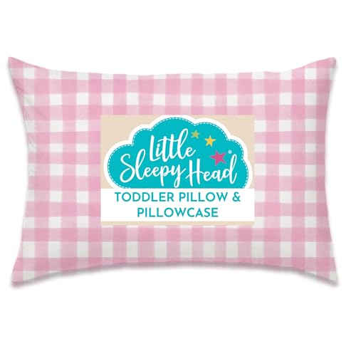 Little Sleepy Head Toddler Pillow with Pillowcase 13x18 - Kids Pillow for Sleeping - Better Neck Support Ergonomic Pillow and Toddler Pillowcase - Best Pillows for Kids (Gingham Pink)