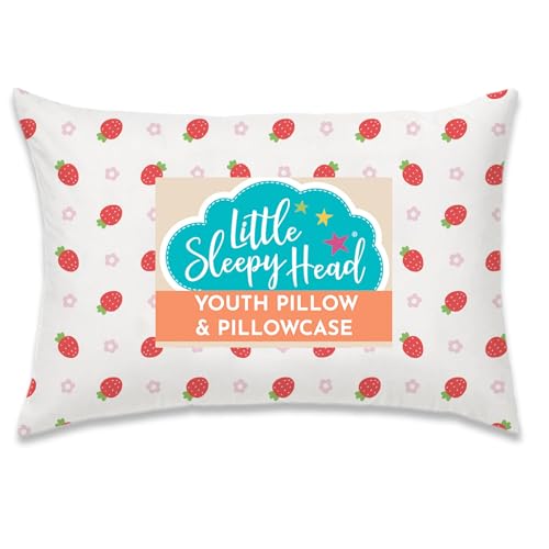 Little Sleepy Head Youth Pillow, 16x22, Soft Toddler Pillow, Hypoallergenic Pillow Case - Perfect Kids Travel Pillow (Strawberries)