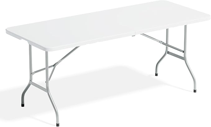 72' Folding Table, Collapsible Camping Table, Rectangular Picnic Table with Steel Frame, Stable Legs Design, Easy Carry and Storage, Plastic Outdoor Folding Tables for Indoor Outdoor, White