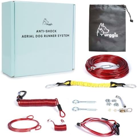 Runner for Yard, Anti-Shock Trolley System 50/75/100/150/200FT, Heavy-Duty Aerial Run Cable With Bungee for Small to Large Dogs up to 300lbs, Outside Zip Line for Backyard, Camping, Park