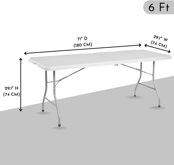 6ft Plastic Folding Table, Fold-in-Half Portable Utility Table Heavy Duty Portable w/Handle, for Indoor Outdoor,Picnic, Party, & Camping (White, 6ft)