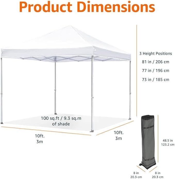 Amazon Basics Outdoor Pop Up 10 x 10 Canopy Tent for Events, Portable with Easy Setup, Includes Wheeled Carry Bag, 8 Pegs, 4 Ropes, 4 Weighted Bags, White