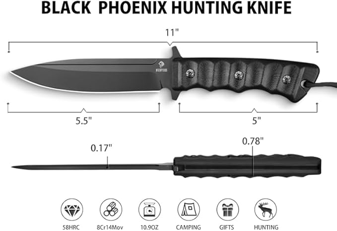 NedFoss BLACK PHOENIX Hunting Knife with Kydex Sheath, 5.5" 8Cr14Mov Survival Fixed Blade Knife with Full Tang G10 Handle, Bushcraft Camping and Tacitical Gifts for Men
