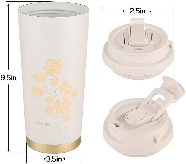 Funkrin Coffee Travel Mug with Straw & Flip Lid, 16oz Insulated Tumbler Cup with Ceramic Coating, Double Wall Vacuum Leak-Proof Mug for Office School Party Camping