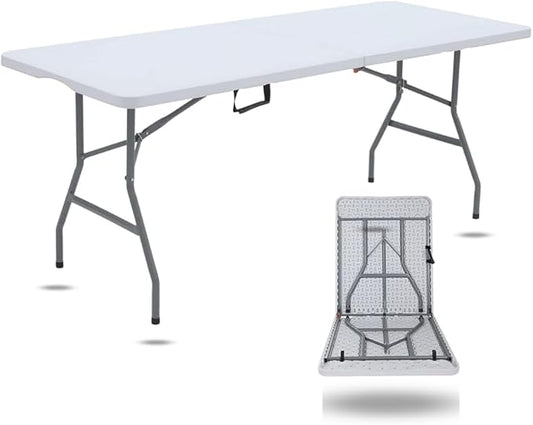 6ft Plastic Folding Table, Fold-in-Half Portable Utility Table Heavy Duty Portable w/Handle, for Indoor Outdoor,Picnic, Party, & Camping (White, 6ft)