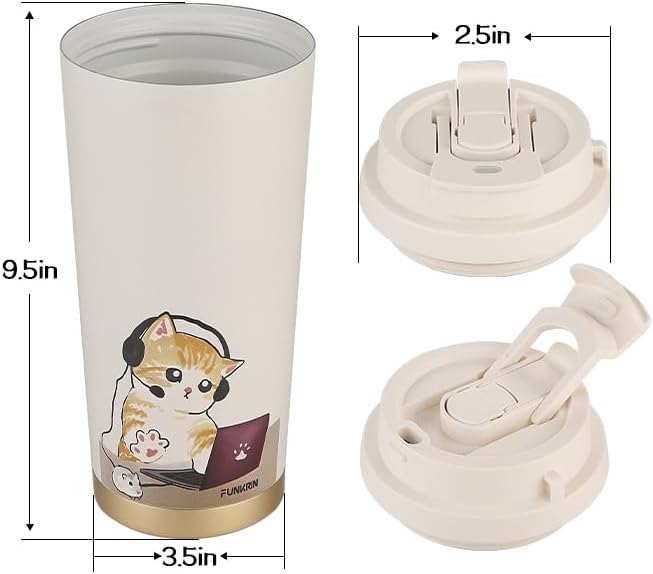 Funkrin Coffee Travel Mug with Straw & Flip Lid, 16oz Insulated Tumbler Cup with Ceramic Coating, Double Wall Vacuum Leak-Proof Mug for Office School Party Camping
