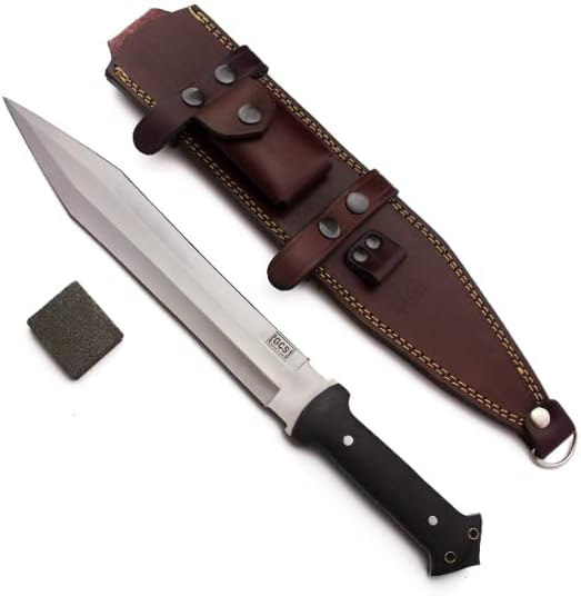 GCS Handmade Survival Hunting Knife and Bowie Black G10 Handle with Brown Leather Right or Left Hand Horizontal Fixed Blade Knife Sheath & Sharpening Stone (D2-16.5" Trail Master