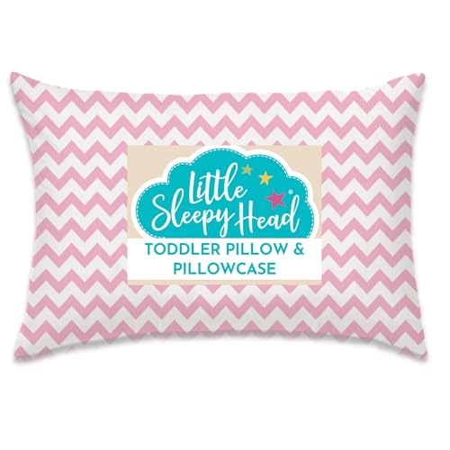 Little Sleepy Head Toddler Pillow with Pillowcase 13x18 - Kids Pillow for Sleeping - Better Neck Support Ergonomic Pillow and Toddler Pillowcase - Best Pillows for Kids (Chevron Pink)