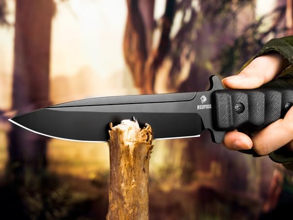 NedFoss BLACK PHOENIX Hunting Knife with Holster, 5.5" 8Cr14Mov Survival Fixed Blade Knife, G10 Handle, Bushcraft & Camping Gifts for Men