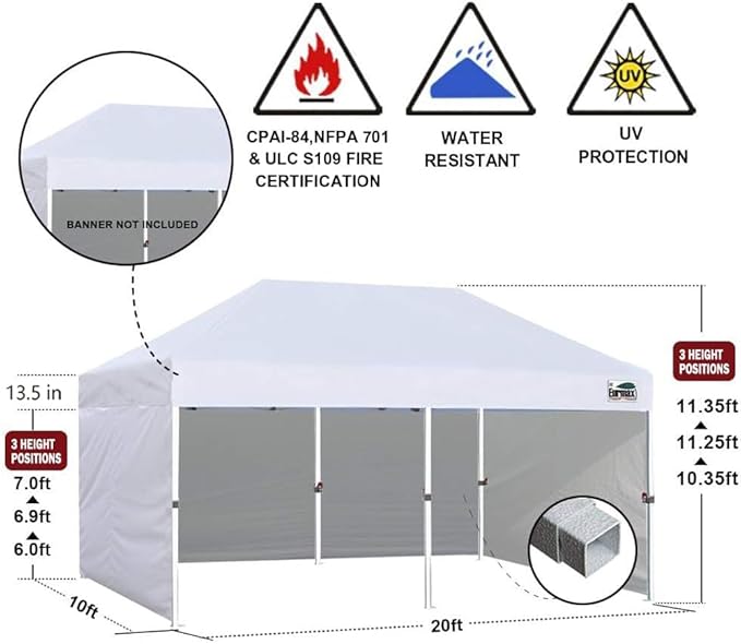 Eurmax USA 10'x20' Pop-up Canopy Tent Commercial Instant Canopies with 4 Removable Zipper End Side Walls and Roller Bag, Bonus 6 SandBags(White)