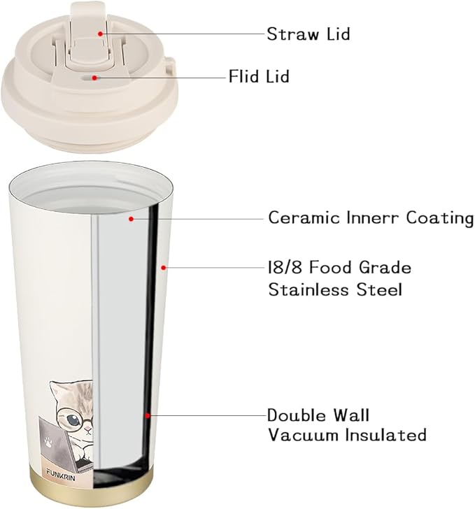 Funkrin Coffee Travel Mug with Straw & Flip Lid, 16oz Insulated Tumbler Cup with Ceramic Coating, Double Wall Vacuum Leak-Proof Mug for Office School Party Camping