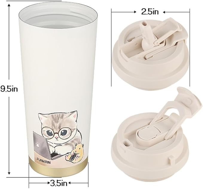 Funkrin Coffee Travel Mug with Straw & Flip Lid, 16oz Insulated Tumbler Cup with Ceramic Coating, Double Wall Vacuum Leak-Proof Mug for Office School Party Camping