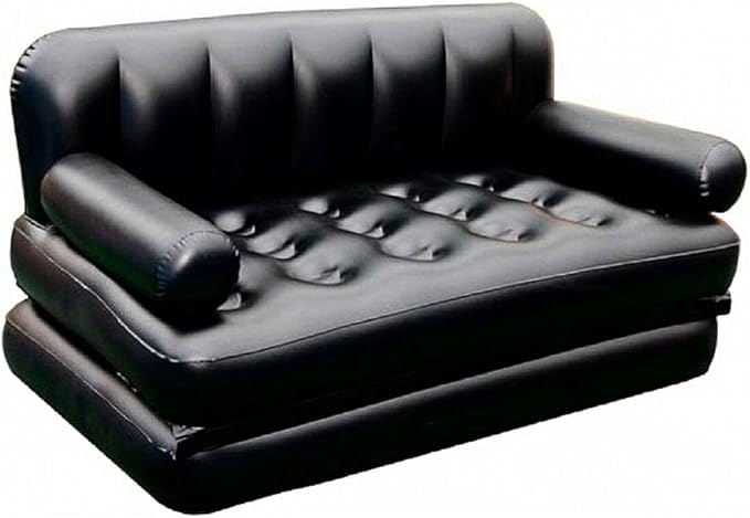 Folding Portable Inflatable Sofa Twin Bed, Lazy Flocking Queen Size Air Bed Mattress - Great for Pop Up Indoor Living Room and Outdoor Balcony, Backyard, Camping, Picnic, RV + Foot Pump (Black)