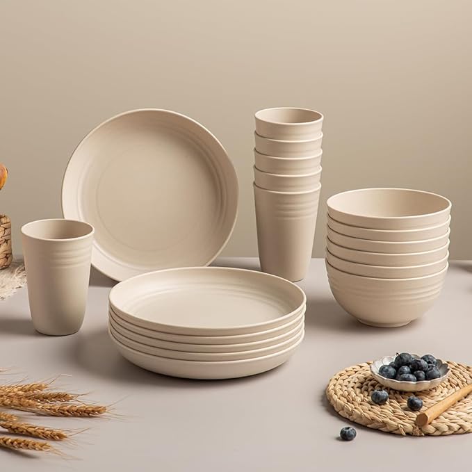 18PCS Wheat Straw Dinnerware Sets Unbreakable Dinnerware Set Lightweight Dish Set Cups Plates and Bowls Set Microwave and Dishwasher Safe Dishware Sets