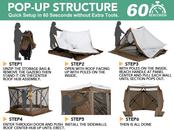 COBIZI 10x10ft Pop up Gazebo Screen House Tent for Camping, Pop-up Camping Canopy with Sidewalls,Portable Outdoor Quick-Set Hub Tent with Carrying Bag&Ground Stakes,Brown(Upgraded 2.0)