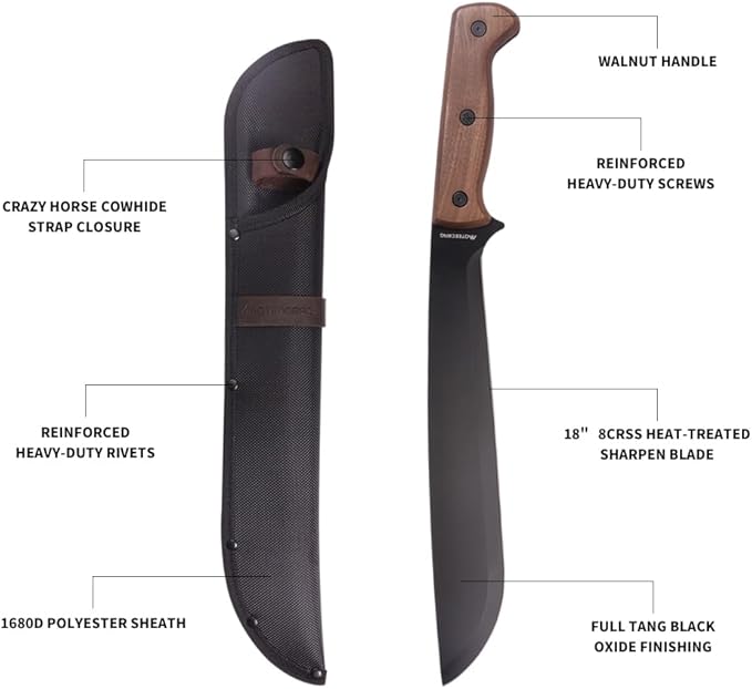 Full Tang Machete bushcraft machete with Sheath 12.4 Inch wood handle for Yard Work Controlled Chopping & Cutting, Gardening,Camping and Bushcraft