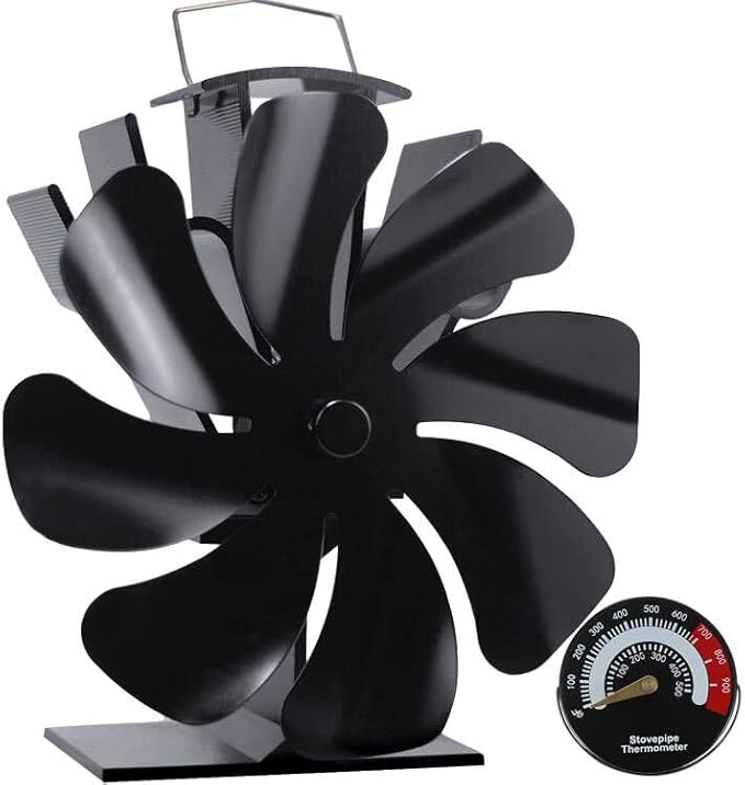 VODA Wood Stove Fan Heat Powered Fireplace Fans Non Electric, 8 Blades Heat Activated Thermal Fan for Wood Burning Stove/Pallet/Log Burner, w/Stove Accessories Thermometer
