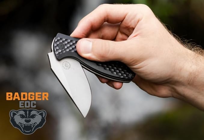 Off-Grid Knives - Badger EDC Folding Knife with Sandvik 14C28N Blade, Ball Bearing Pivot, G10 Scales, Grid-Lock, Ambidextrous Deep Carry Clip (Tumbled Stone)