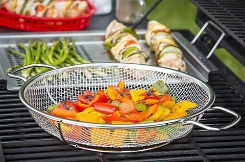 TableCraft BBQ Stainless Steel Cast Iron 16-Inch Round Grilling Basket, Small, Silver