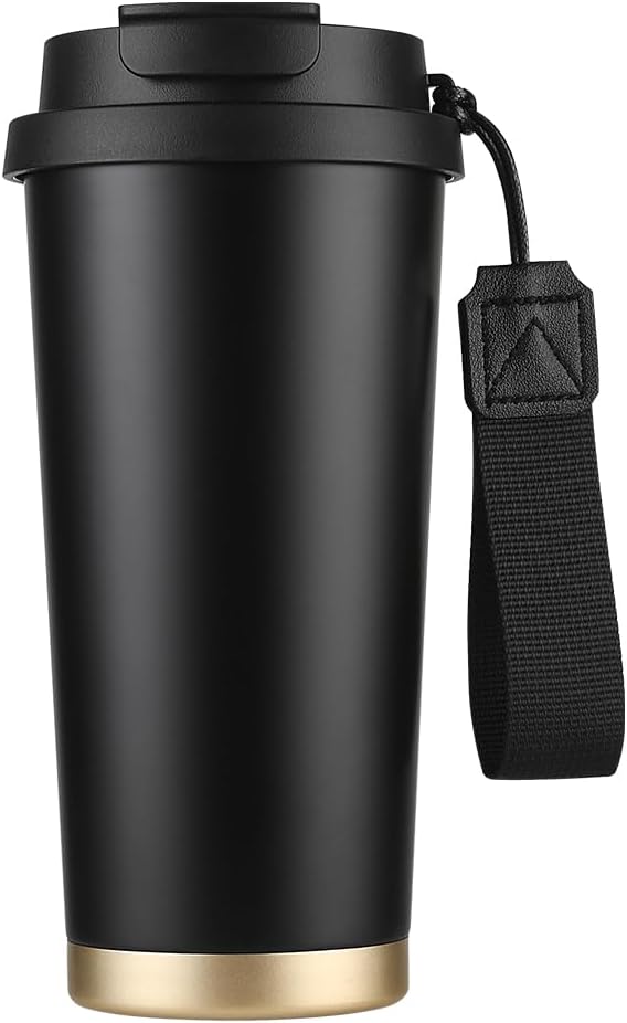 Funkrin Coffee Travel Mug with Straw & Flip Lid, 16oz Insulated Tumbler Cup with Ceramic Coating, Double Wall Vacuum Leak-Proof Mug for Office School Party Camping