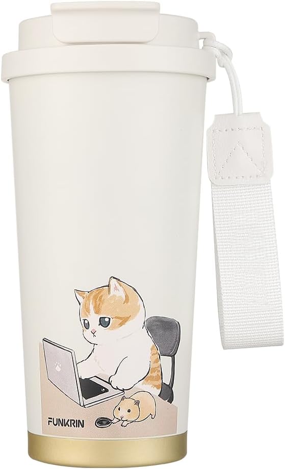 Funkrin Coffee Travel Mug with Straw & Flip Lid, 16oz Insulated Tumbler Cup with Ceramic Coating, Double Wall Vacuum Leak-Proof Mug for Office School Party Camping