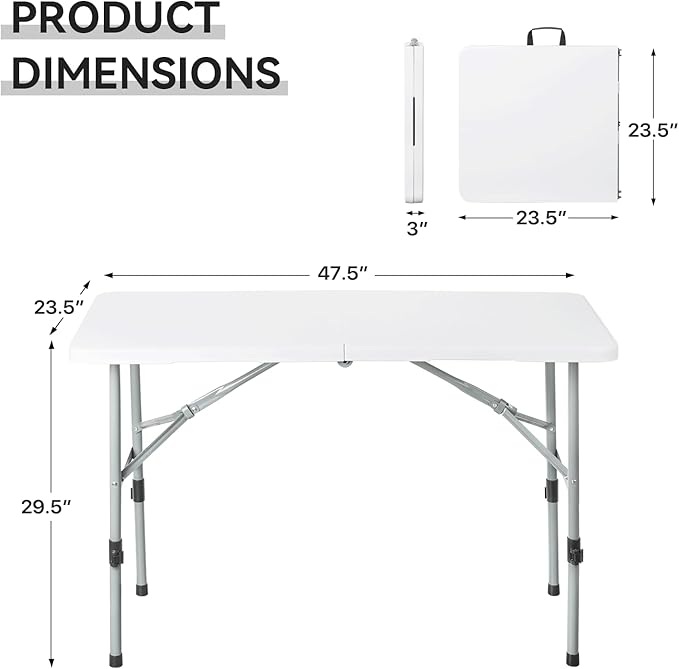 48' Folding Table, Collapsible Camping Table, Rectangular Picnic Table with Steel Frame, Stable Legs Design, Easy Carry and Storage, Plastic Outdoor Folding Tables for Indoor Outdoor, Gray