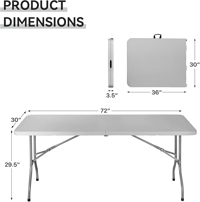 72' Folding Table, Collapsible Camping Table, Rectangular Picnic Table with Steel Frame, Stable Legs Design, Easy Carry and Storage, Plastic Outdoor Folding Tables for Indoor Outdoor, Gray