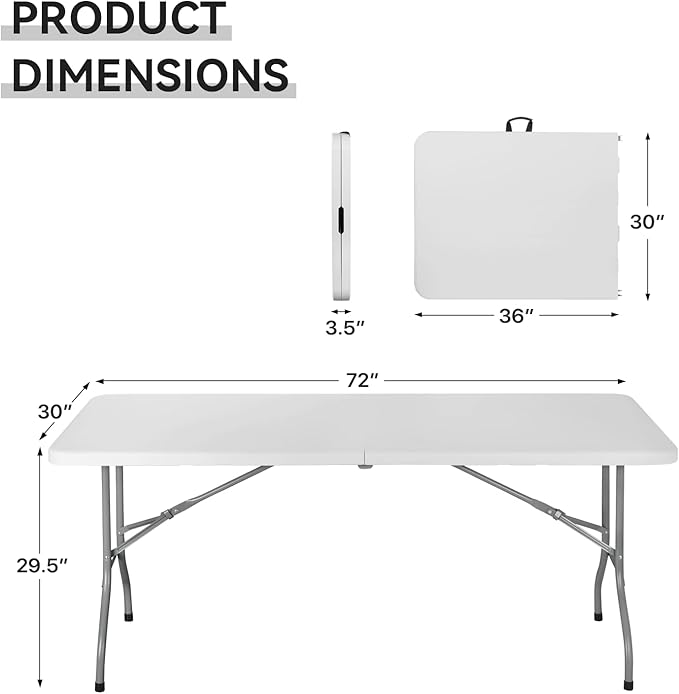 72' Folding Table, Collapsible Camping Table, Rectangular Picnic Table with Steel Frame, Stable Legs Design, Easy Carry and Storage, Plastic Outdoor Folding Tables for Indoor Outdoor, White