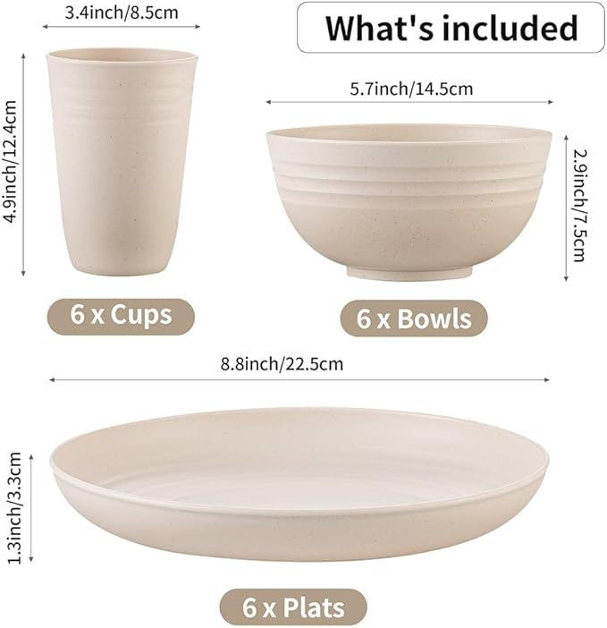 18PCS Wheat Straw Dinnerware Sets Unbreakable Dinnerware Set Lightweight Dish Set Cups Plates and Bowls Set Microwave and Dishwasher Safe Dishware Sets