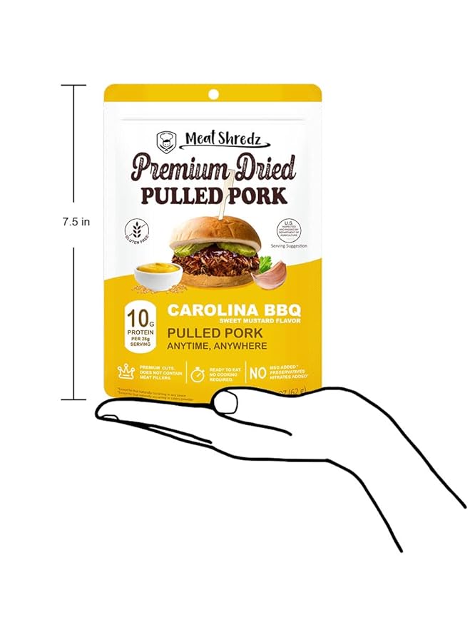 Meat Shredz - Premium Dried Pulled Pork (Carolina BBQ - Sweet Mustard, 1 Pack) | Gluten Free | High Protein & Low Sugar | Bacon Bits | Dehydrated Backpacking & Camping Food | Shredded, Dried Jerky Chew Snack