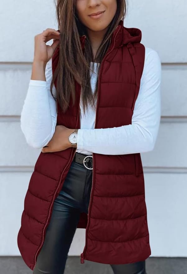 Veatzaer Women Long Vest Solid Color Sleeveless Hood Winter Puffer Vest Outwear