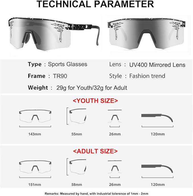 Two Sizes Baseball Sunglasses For Adults and Youth Boys Girls Kids UV400 Men Women Outdoor Sports Sun Glasses