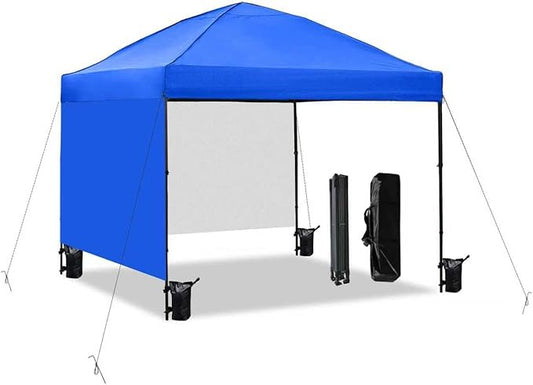 10x10 Pop Up Canopy Tent with 2 Sidewalls, Easy Up Canopy Outdoor Party Sun Shade Tent Portable Gazebo for Beach Camping Events with Carry Bag and 4 Sand Bags(Blue)