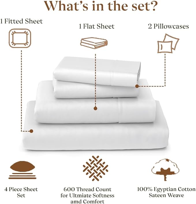 SKY BEDDINGS RV King Sheet Set 72 x 80-100% Egyptian Cotton, 600 Thread Count - 4 Piece RV Camper Bedding - Deep Pocket RV Sheets Fits Upto 16" Mattress - Soft & Breathable Camping Sheets - White