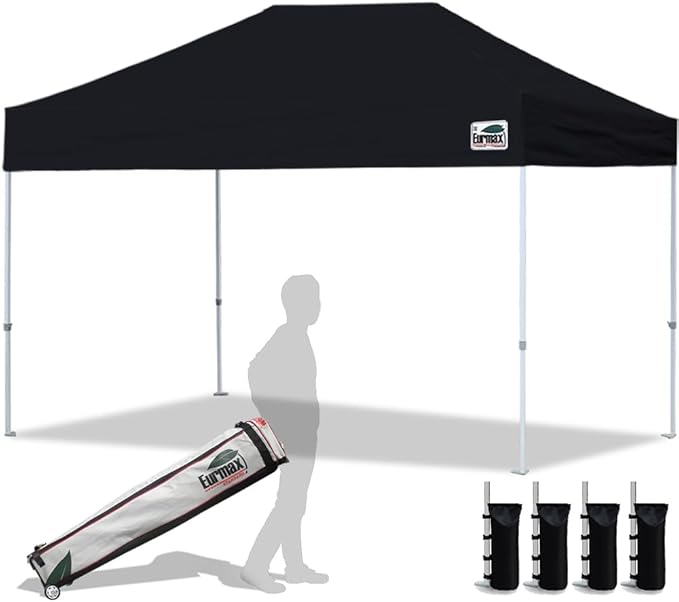 Eurmax USA 8'x12' Pop Up Canopy Tent Commercial Instant Canopies with Heavy Duty Roller Bag,Bonus 4 Sand Weights Bags (Black)