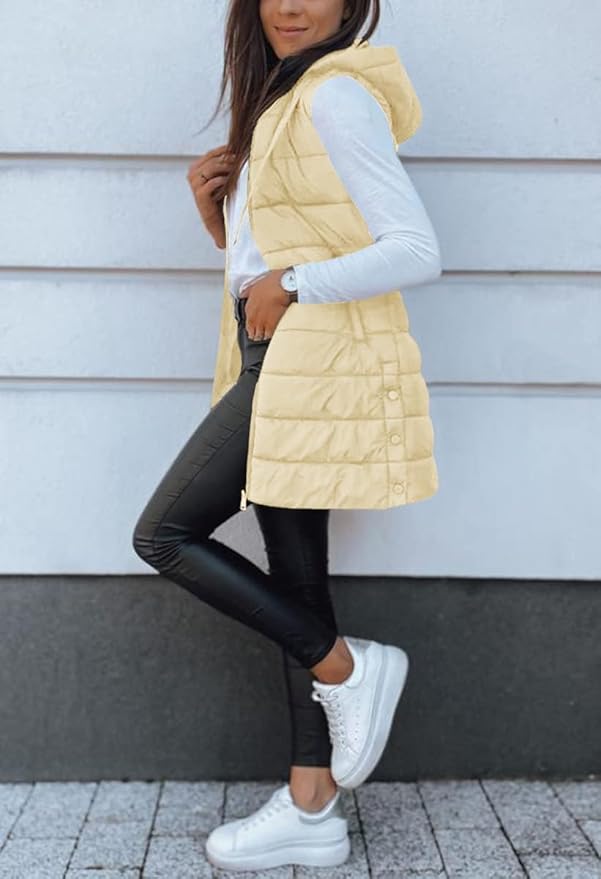 Veatzaer Women Long Vest Solid Color Sleeveless Hood Winter Puffer Vest Outwear
