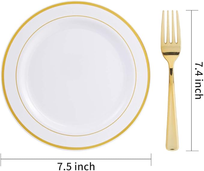 Nervure 204PCS Gold Dessert Plates with Forks - 102PCS 7.5inch Disposable Gold Plastic Plates and 102PCS Plastic Forks Perfect for Salads, Desserts, Parties, Catering, Christmas & Party & Father's Day