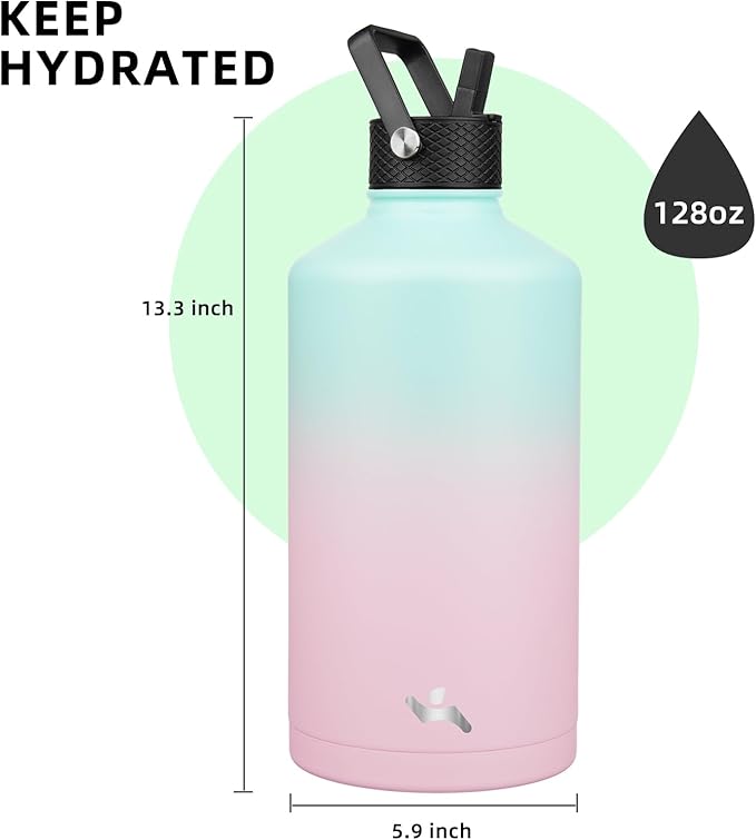 Gallon Insulated Water Bottle with Straw,128 oz 3 Lids Water Jug with Carrying Bag,Paracord Handle, Double Wall Vacuum Stainless Steel Metal Flask,Gum