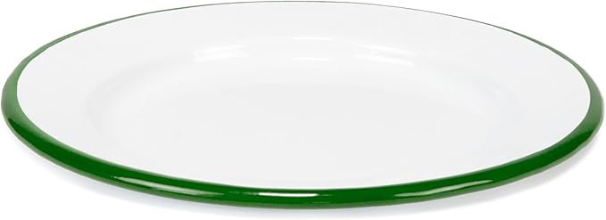 Red Co. Set of 4 Enamelware Metal Classic 8" Round Salad Plate, Solid White/Dark Green Rim