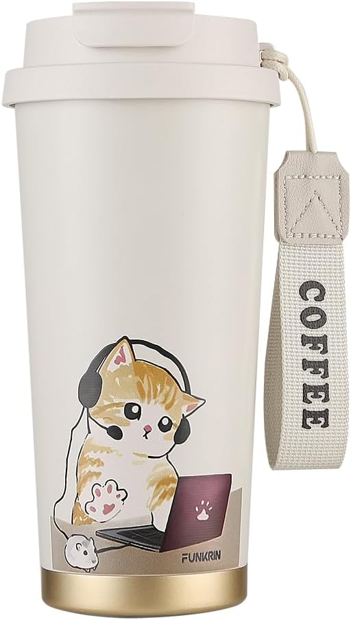 Funkrin Coffee Travel Mug with Straw & Flip Lid, 16oz Insulated Tumbler Cup with Ceramic Coating, Double Wall Vacuum Leak-Proof Mug for Office School Party Camping