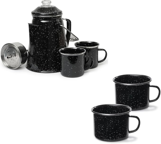 Toughty Classic Percolator Coffee Pot with 4 Enamel Mugs and Stainless Steel Filter - Original Camping Coffee Pot, Now Modernized – For Campsite Brewmasters