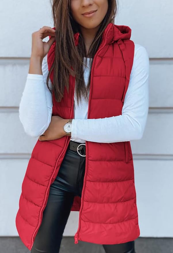 Veatzaer Women Long Vest Solid Color Sleeveless Hood Winter Puffer Vest Outwear
