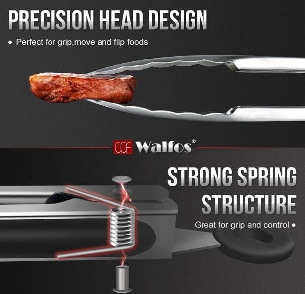 Walfos Stainless Steel Kitchen Tongs for Cooking- 7 ,9 and 12 Inch, Food Grade Metal Tongs for Cooking, BBQ, Set of 3 Heavy Duty Locking Cooking Tongs Non-Slip Grip