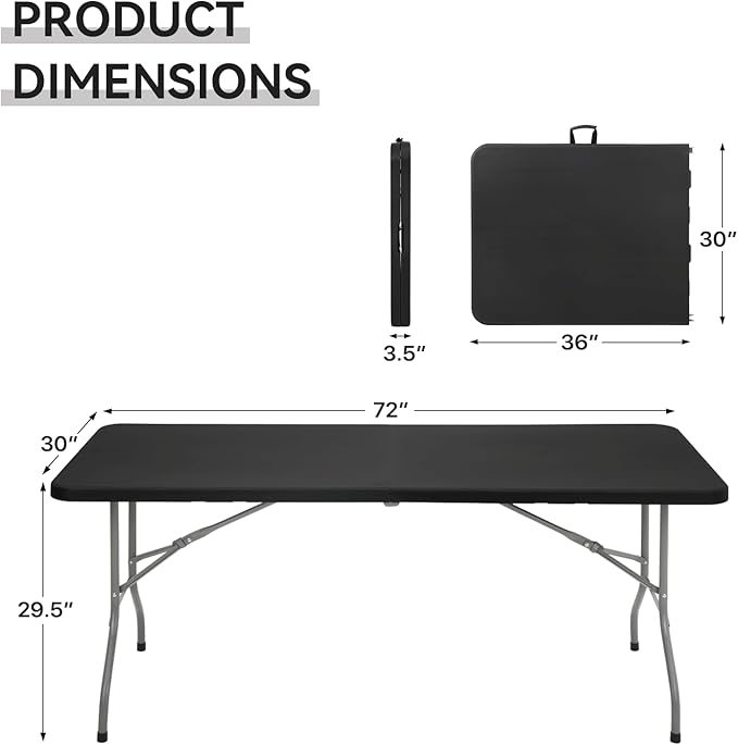 72' Folding Table, Collapsible Camping Table, Rectangular Picnic Table with Steel Frame, Stable Legs Design, Easy Carry and Storage, Plastic Outdoor Folding Tables for Indoor Outdoor, Black