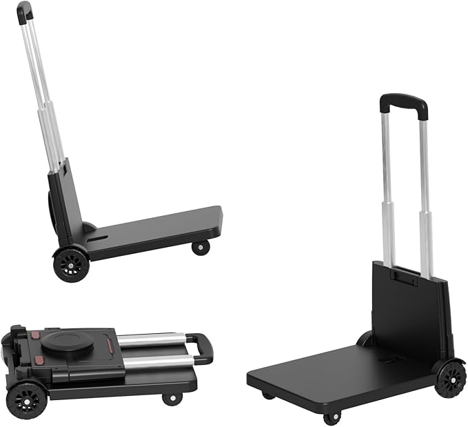 Folding Trolley for Moving, 220 lbs Heavy Duty Luggage,4 Wheel Foldable,Expandable Platform with Bungee Cord, Portable Moving Utility Carts Trolley Cart, (Black, M)
