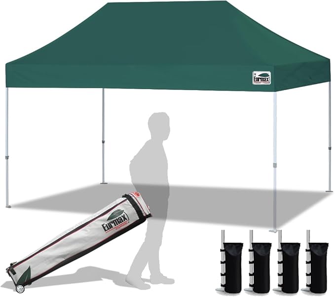 Eurmax USA 10'x15' Pop Up Canopy Tent Commercial Instant Canopies with Heavy Duty Roller Bag,Bonus 4 Sand Weights Bags (Forest Green)