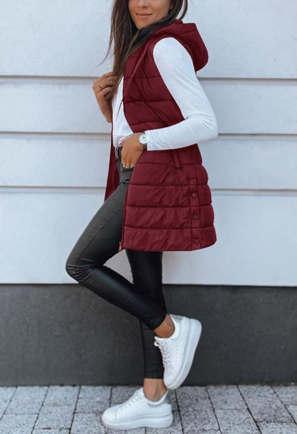 Veatzaer Women Long Vest Solid Color Sleeveless Hood Winter Puffer Vest Outwear