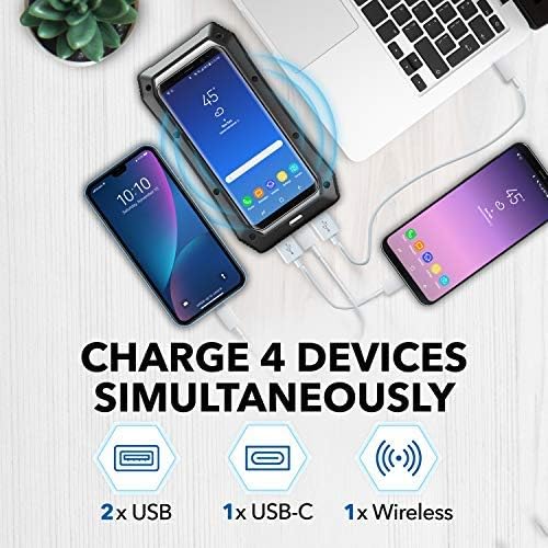 Solar Power Bank - 2000mAh Wireless Portable Charger for iPhone Android | Fast Charging Powerbank | Built-in Qi Panel, USB C Outlets, LED Light | Waterproof External Battery Pack for Camping