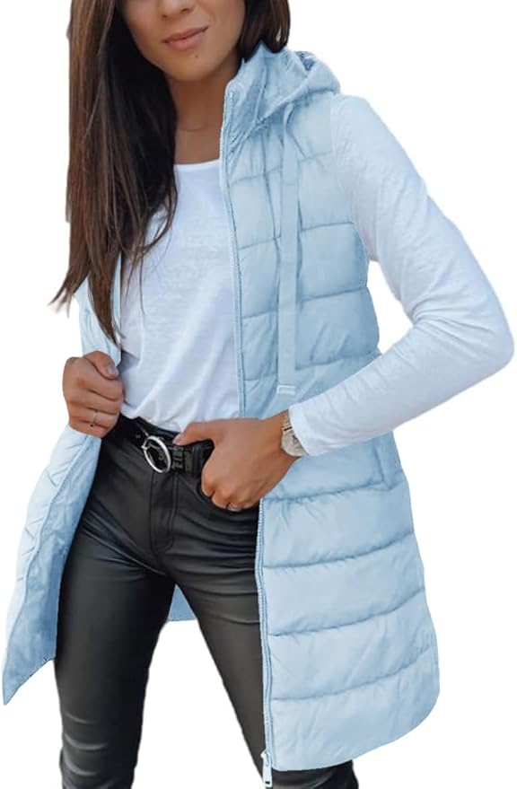 Veatzaer Women Long Vest Solid Color Sleeveless Hood Winter Puffer Vest Outwear